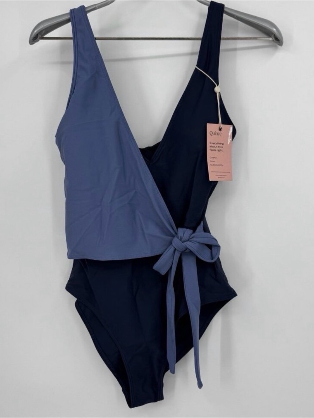 Quince Italian Wrap One-Piece Swimsuit size 6 in Navy Blue Colorblock